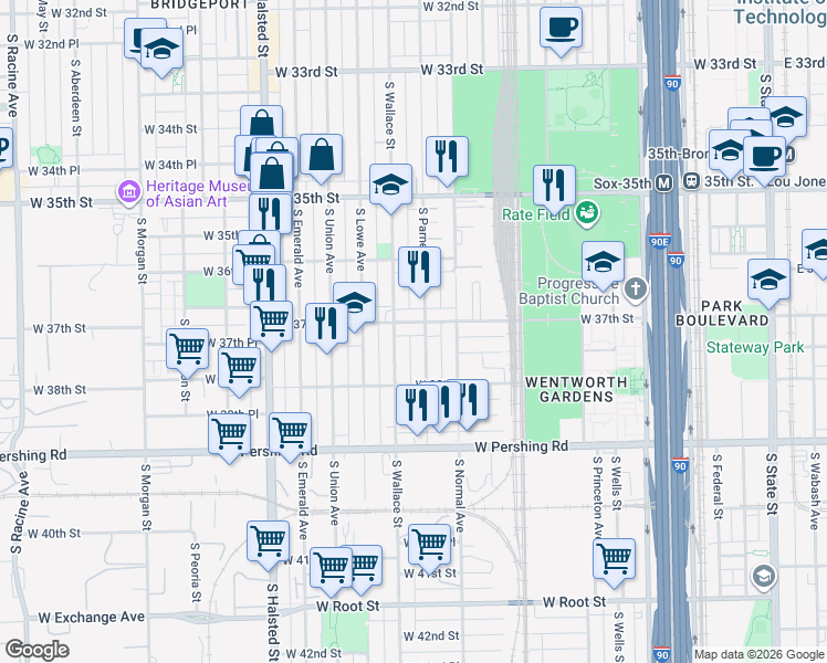 map of restaurants, bars, coffee shops, grocery stores, and more near 544 West 37th Street in Chicago