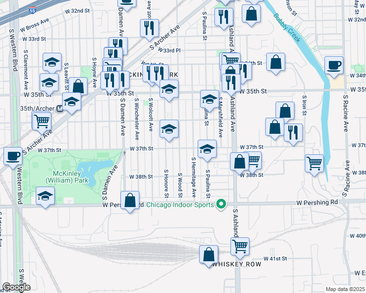 map of restaurants, bars, coffee shops, grocery stores, and more near 3636 South Wood Street in Chicago