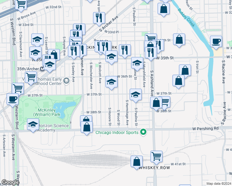 map of restaurants, bars, coffee shops, grocery stores, and more near 3636 South Wood Street in Chicago