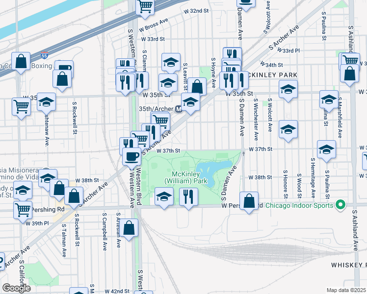 map of restaurants, bars, coffee shops, grocery stores, and more near 3620 South Blake Street in Chicago