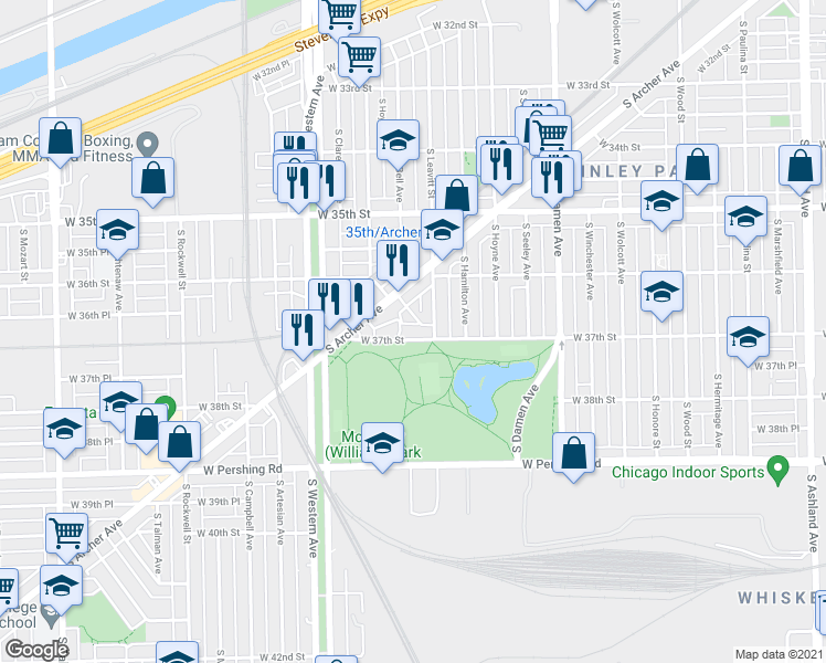 map of restaurants, bars, coffee shops, grocery stores, and more near 3620 South Blake Street in Chicago