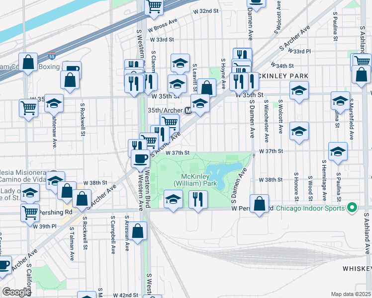 map of restaurants, bars, coffee shops, grocery stores, and more near 3620 South Blake Street in Chicago