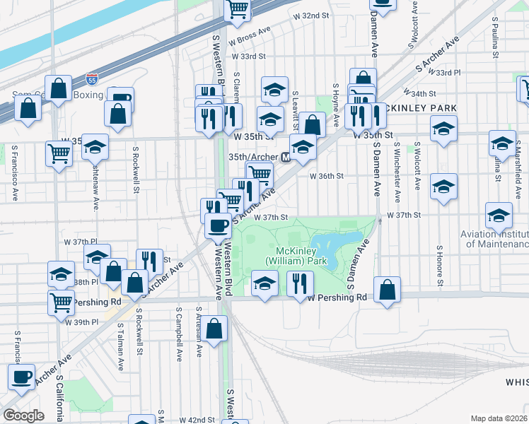 map of restaurants, bars, coffee shops, grocery stores, and more near 3651 South Archer Avenue in Chicago