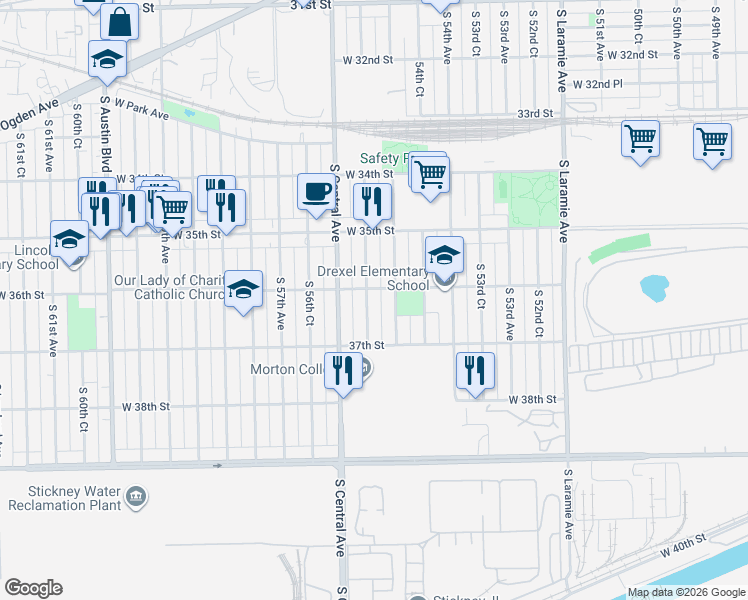 map of restaurants, bars, coffee shops, grocery stores, and more near 3542 South 55th Court in Cicero