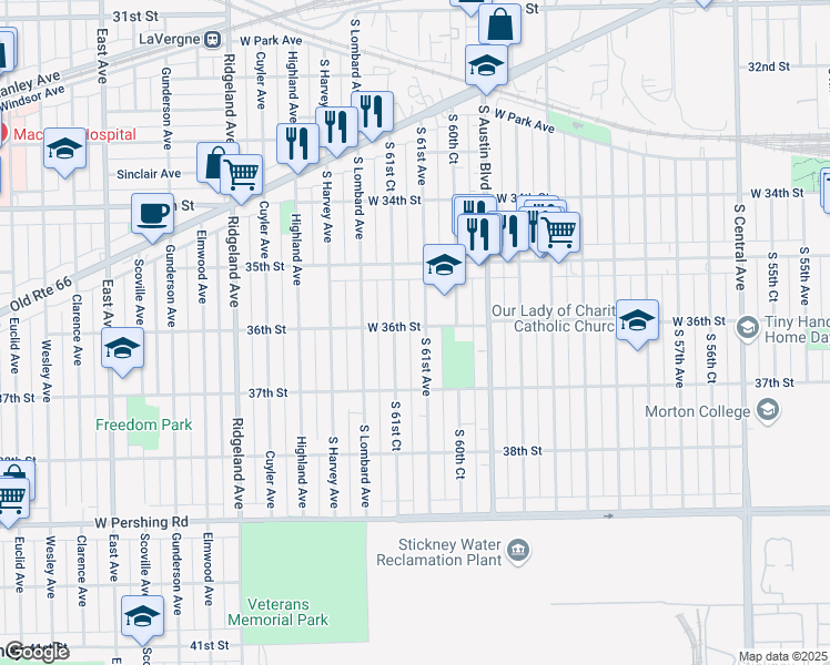 map of restaurants, bars, coffee shops, grocery stores, and more near 3547 South 61st Avenue in Cicero