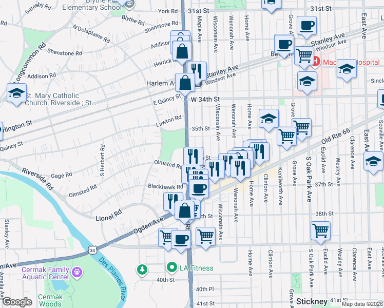 map of restaurants, bars, coffee shops, grocery stores, and more near 3517 Illinois 43 in Berwyn