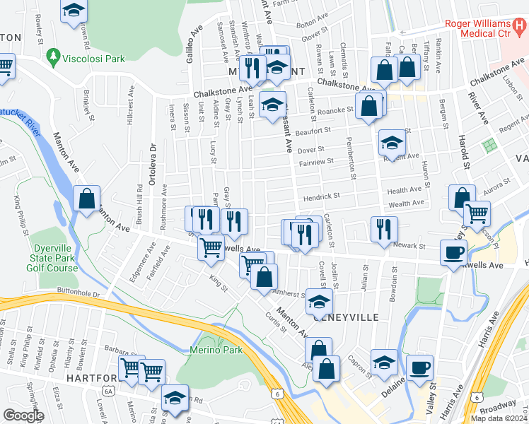 map of restaurants, bars, coffee shops, grocery stores, and more near 106 Erastus Street in Providence