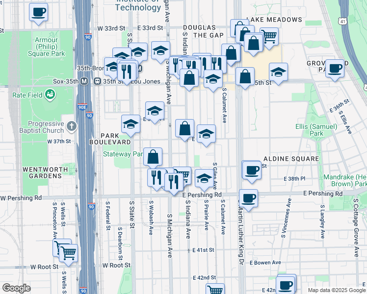 map of restaurants, bars, coffee shops, grocery stores, and more near 3718 South Indiana Avenue in Chicago