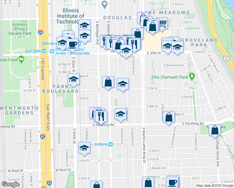 map of restaurants, bars, coffee shops, grocery stores, and more near 3748 South Prairie Avenue in Chicago