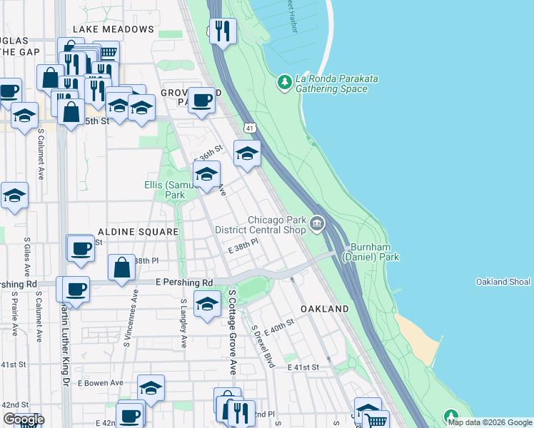 map of restaurants, bars, coffee shops, grocery stores, and more near 3801 South Lake Park Avenue in Chicago
