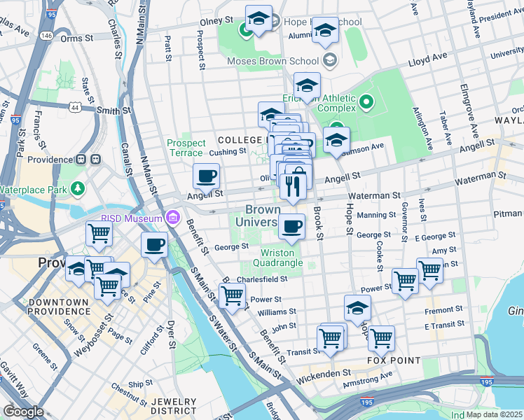 map of restaurants, bars, coffee shops, grocery stores, and more near 75 Waterman Street in Providence