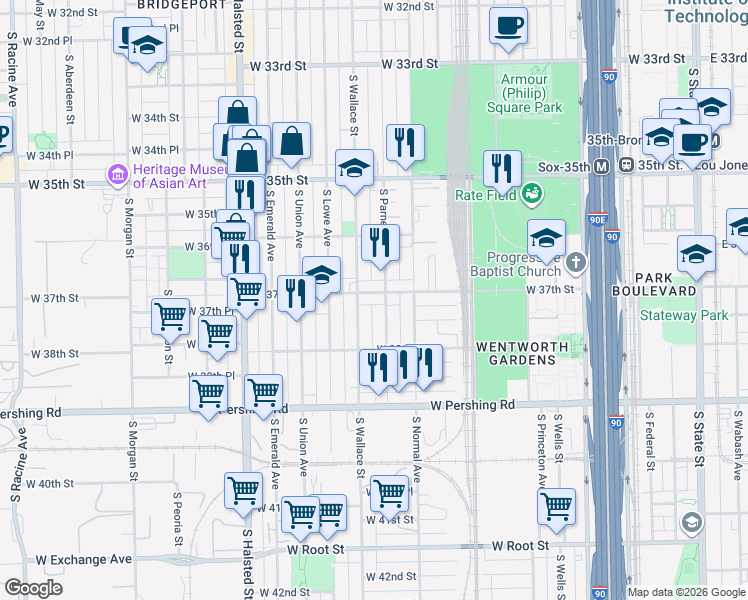map of restaurants, bars, coffee shops, grocery stores, and more near 544 West 37th Street in Chicago