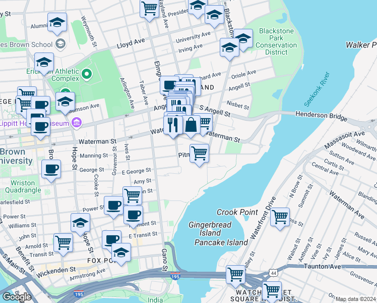 map of restaurants, bars, coffee shops, grocery stores, and more near 132 Pitman Street in Providence