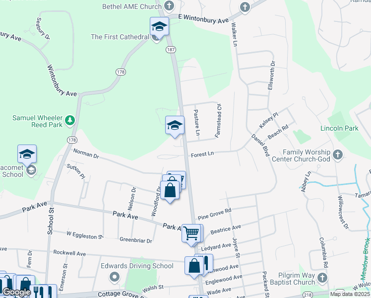 map of restaurants, bars, coffee shops, grocery stores, and more near 1083 Blue Hills Avenue in Bloomfield