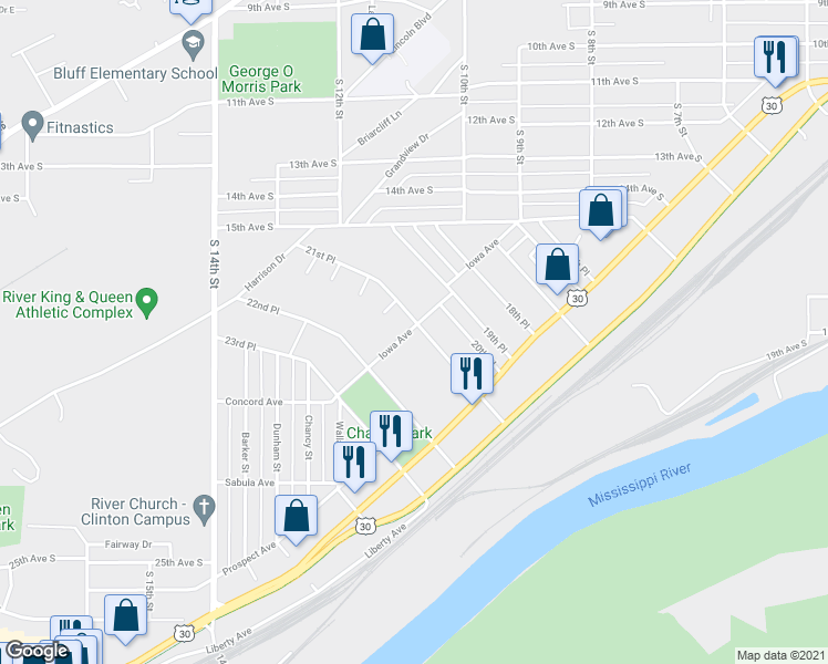 map of restaurants, bars, coffee shops, grocery stores, and more near 2101 Iowa Avenue in Clinton