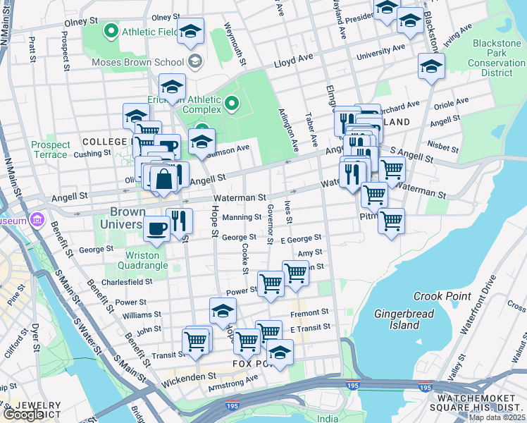 map of restaurants, bars, coffee shops, grocery stores, and more near 163 Waterman Street in Providence