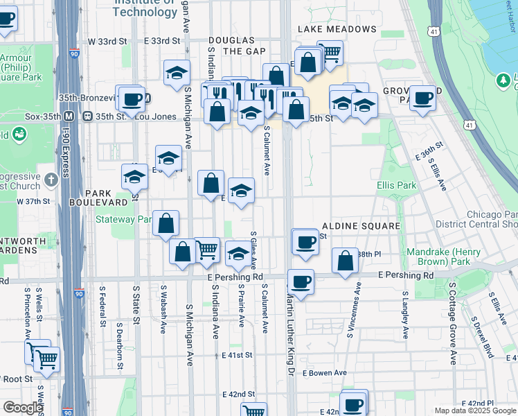 map of restaurants, bars, coffee shops, grocery stores, and more near 3658 South Giles Avenue in Chicago