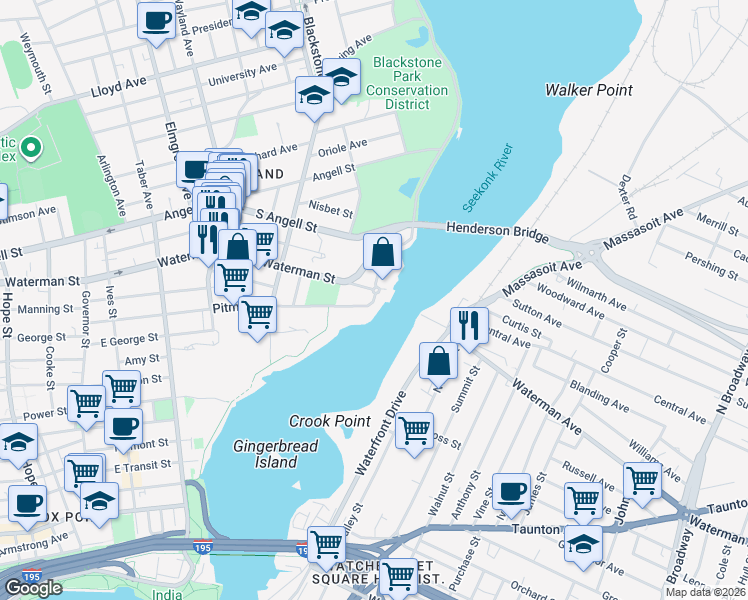 map of restaurants, bars, coffee shops, grocery stores, and more near 2 Richmond Square in Providence