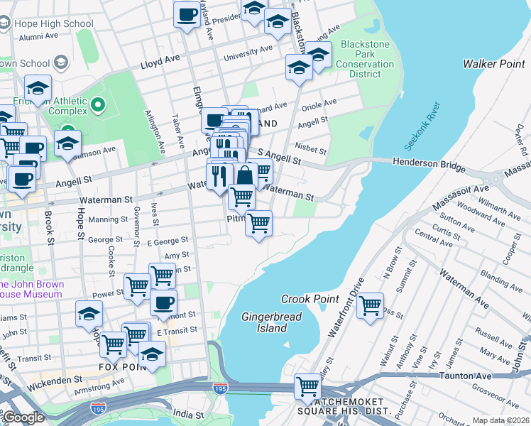 map of restaurants, bars, coffee shops, grocery stores, and more near 49 Seekonk Street in Providence