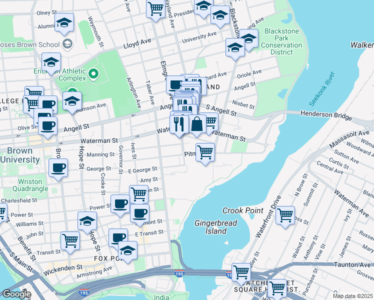 map of restaurants, bars, coffee shops, grocery stores, and more near 150 East Manning Street in Providence