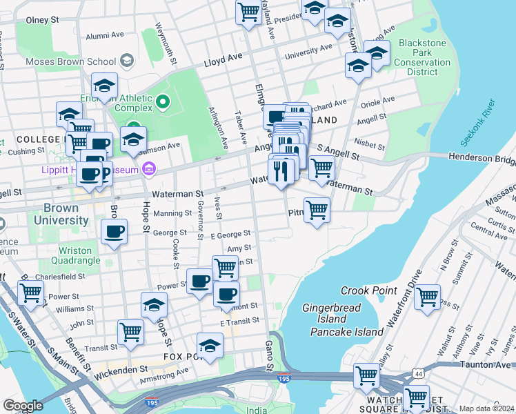 map of restaurants, bars, coffee shops, grocery stores, and more near 238 Gano Street in Providence