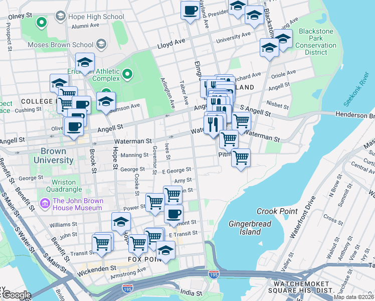 map of restaurants, bars, coffee shops, grocery stores, and more near 238 Gano Street in Providence