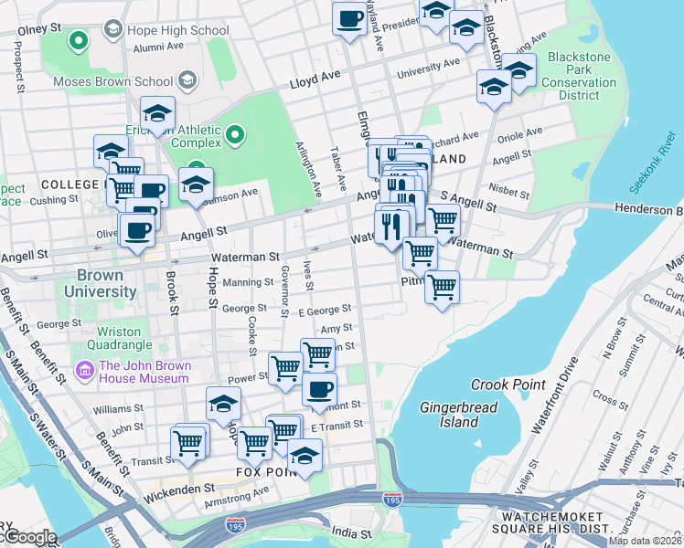 map of restaurants, bars, coffee shops, grocery stores, and more near 238 Gano Street in Providence