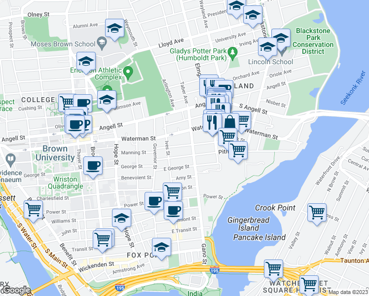 map of restaurants, bars, coffee shops, grocery stores, and more near 238 Gano Street in Providence