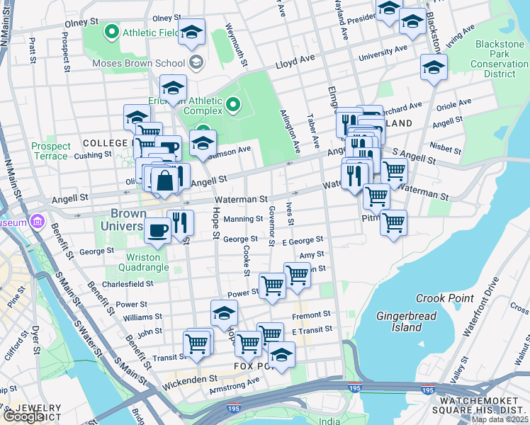 map of restaurants, bars, coffee shops, grocery stores, and more near 163 Waterman Street in Providence