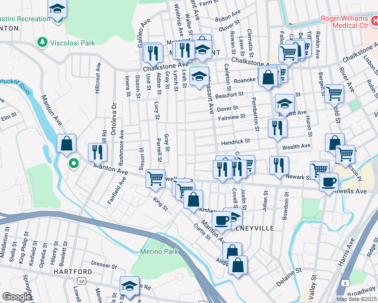map of restaurants, bars, coffee shops, grocery stores, and more near 130 Erastus Street in Providence