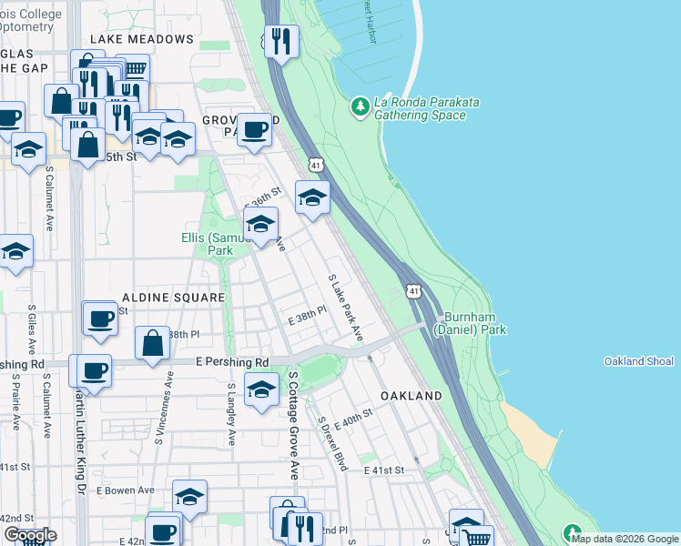 map of restaurants, bars, coffee shops, grocery stores, and more near 3801 South Lake Park Avenue in Chicago