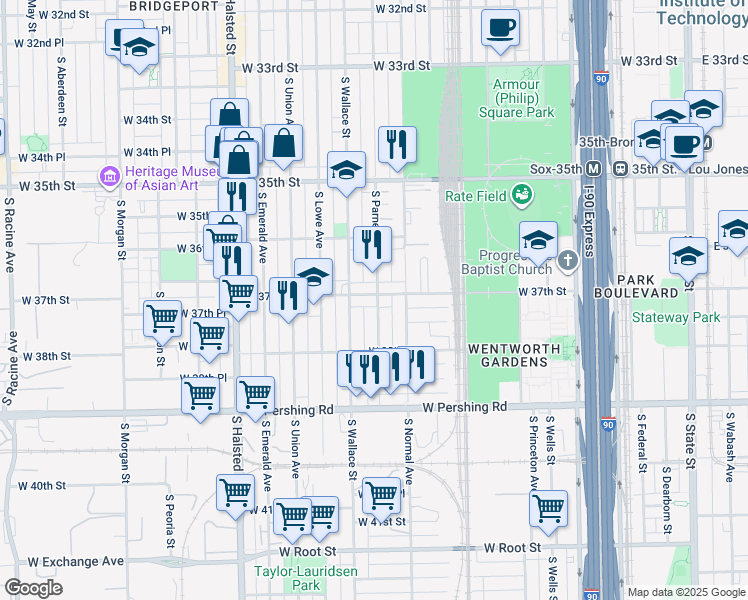 map of restaurants, bars, coffee shops, grocery stores, and more near 544 West 37th Street in Chicago