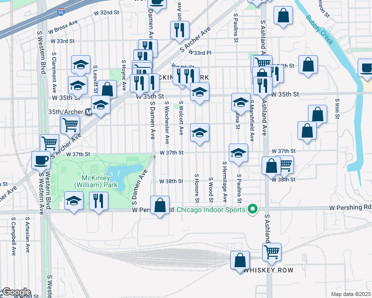 map of restaurants, bars, coffee shops, grocery stores, and more near 3638 South Honore Street in Chicago