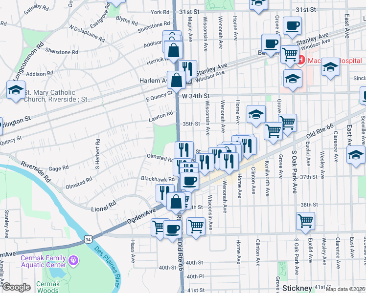 map of restaurants, bars, coffee shops, grocery stores, and more near 3517 Illinois 43 in Berwyn