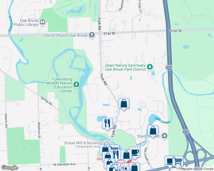 map of restaurants, bars, coffee shops, grocery stores, and more near 3403 York Road in Oak Brook