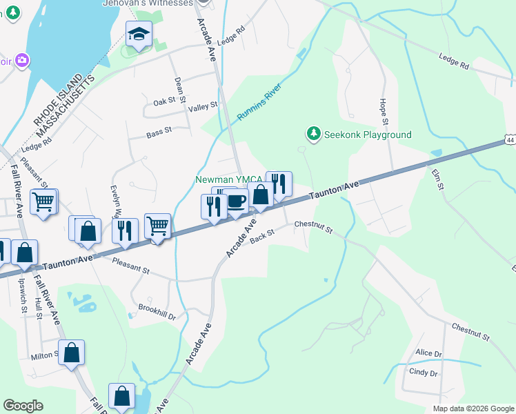 map of restaurants, bars, coffee shops, grocery stores, and more near 442 Taunton Avenue in Seekonk