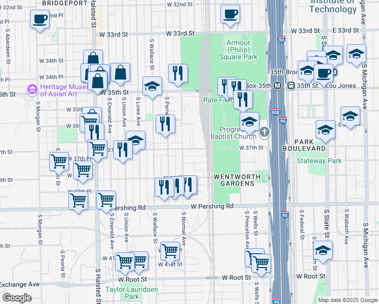 map of restaurants, bars, coffee shops, grocery stores, and more near 3653 South Canal Street in Chicago