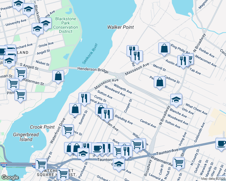 map of restaurants, bars, coffee shops, grocery stores, and more near 41b Woodward Avenue in East Providence