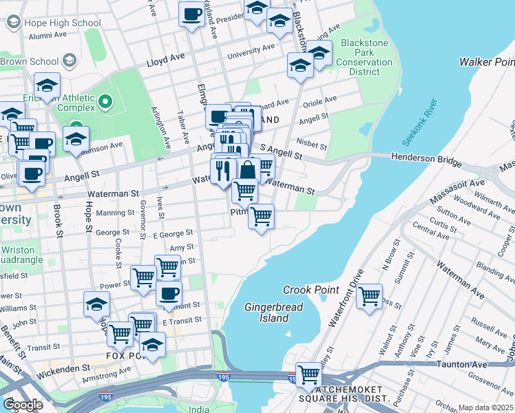 map of restaurants, bars, coffee shops, grocery stores, and more near 150 Pitman Street in Providence