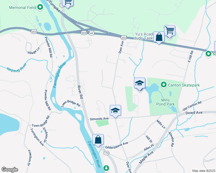 map of restaurants, bars, coffee shops, grocery stores, and more near 74 Dyer Avenue in Canton