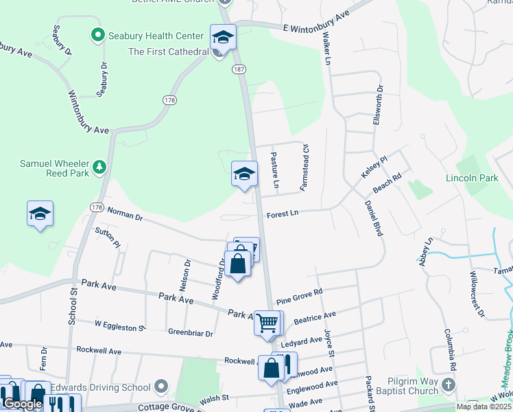 map of restaurants, bars, coffee shops, grocery stores, and more near 1087 Blue Hills Avenue in Bloomfield