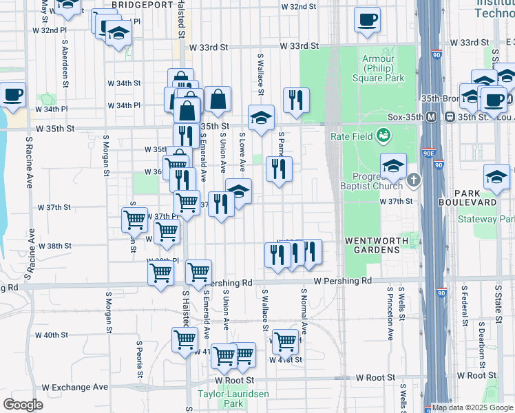 map of restaurants, bars, coffee shops, grocery stores, and more near 3700 South Wallace Street in Chicago