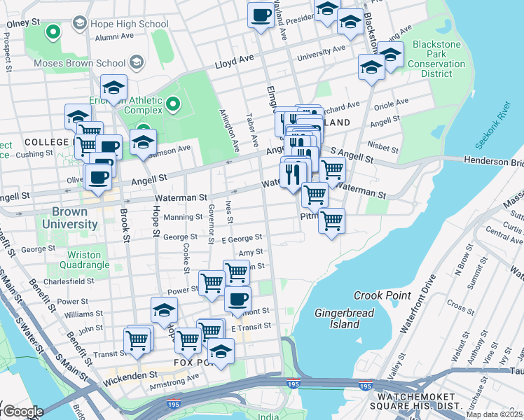 map of restaurants, bars, coffee shops, grocery stores, and more near 228 Gano Street in Providence