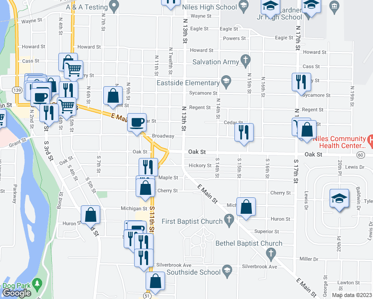 map of restaurants, bars, coffee shops, grocery stores, and more near 1301 Oak Street in Niles