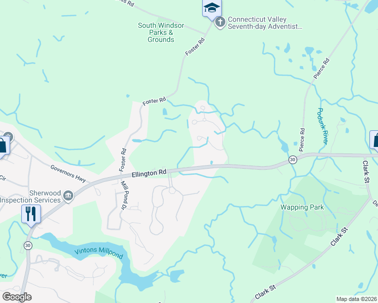 map of restaurants, bars, coffee shops, grocery stores, and more near 19 Arrowwood Circle in South Windsor