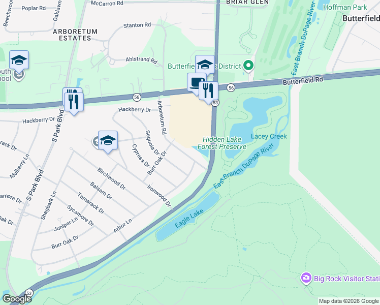 map of restaurants, bars, coffee shops, grocery stores, and more near 3S161 Arboretum Road in Glen Ellyn