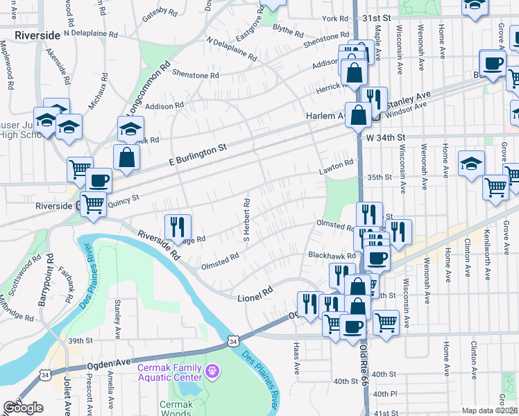map of restaurants, bars, coffee shops, grocery stores, and more near 260 Gage Road in Riverside