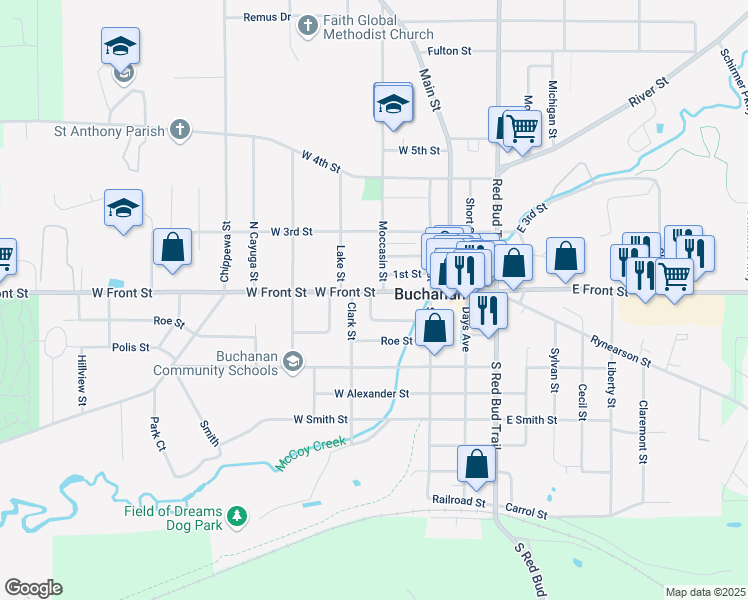 map of restaurants, bars, coffee shops, grocery stores, and more near 203 West Front Street in Buchanan