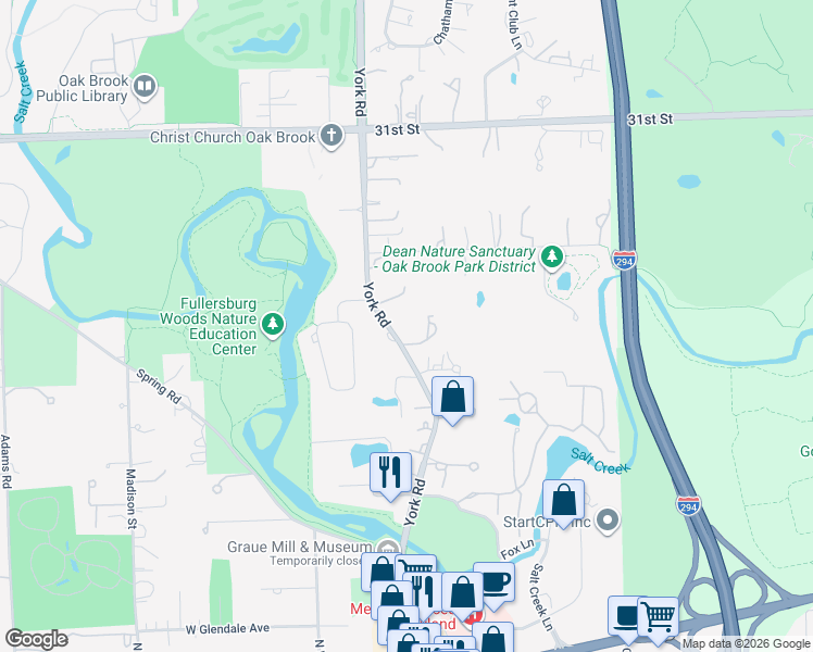 map of restaurants, bars, coffee shops, grocery stores, and more near 3403 York Road in Oak Brook