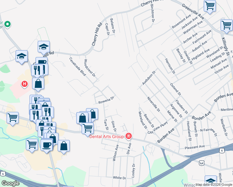 map of restaurants, bars, coffee shops, grocery stores, and more near 12 Birchwood Drive in Johnston